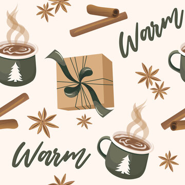 Warm and cozy seamless pattern,  winter drink coffee or cocoa with star anise and cinnamon. Christmas cup, mug with tree. Gift craft box with a bow Cute vector illustration for cover, package, textile