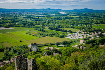 Fototapeta na wymiar View on the Rhone river valley and the countryside from the village of Rochemaure in the South of France (Ardeche)