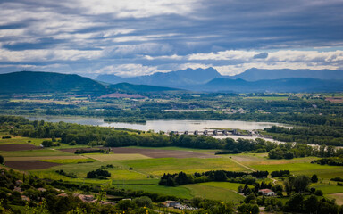 Fototapeta premium View on the Rhone river valley and the countryside from the village of Rochemaure in the South of France (Ardeche)