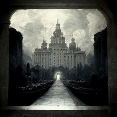 The depiction of the terrible condition of a place or building has a mystical theme.