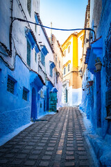 narrow street, blue city of Chefchaouen, Morocco, north africa,