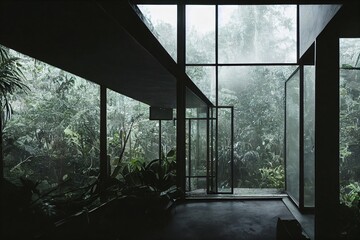 Fototapeta premium Interior with huge window and rainforest view