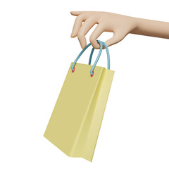 Character cartoon woman hand holding yellow shopping paper bags isolated. 3d illustration or 3d render