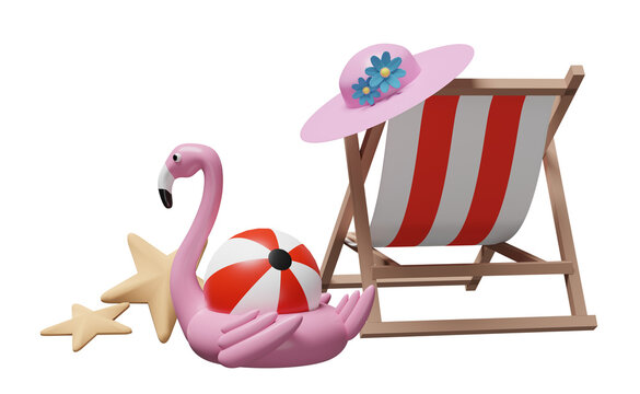 summer beach with beach chair, ball, Inflatable flamingo, hat, starfish,  summer travel concept, 3d illustration or 3d render
