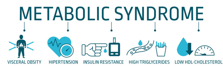Banner design of Metabolic Syndrome vector icon concept. Hypertension, Insulin Resistance, High Triglycerides, Low HDL-Cholesterol, Visceral Obesity