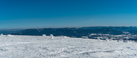 Jeseniky mountains from Kralicky Sneznik hill summit during beautiful winter day