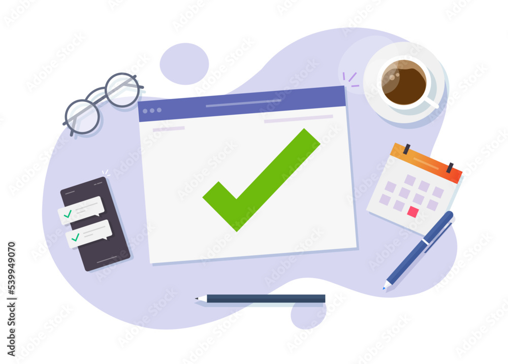 Poster task done finished list on desk vector or web work completed illustration, success check mark achiev