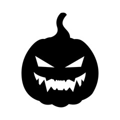 Black silhouette of halloween pumpkin with scary toothy smiling face, vector illustration. Frightening pumpkin for the holiday, drawing for a tattoo