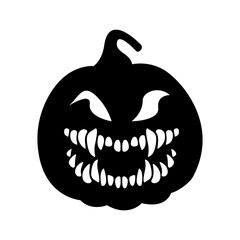 Black silhouette of halloween pumpkin with scary toothy smiling face, vector illustration. Frightening pumpkin for the holiday, drawing for a tattoo