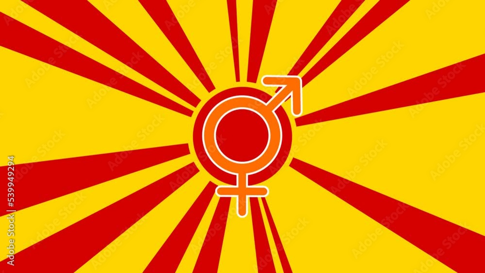 Poster bigender symbol on the background of animation from moving rays of the sun. large orange symbol incr