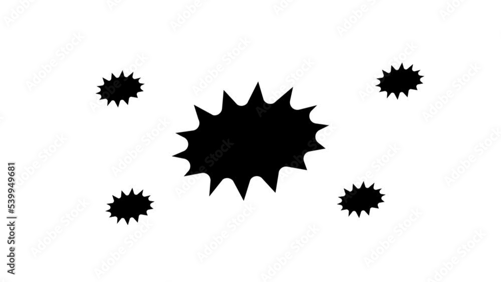 Poster zoom in and out animation the explosion symbol. large black symbol in the center and four small symb