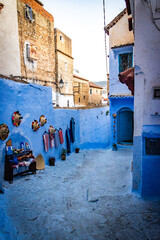 narrow street in the old town, chefchaouen, blue city, morocco, north africa