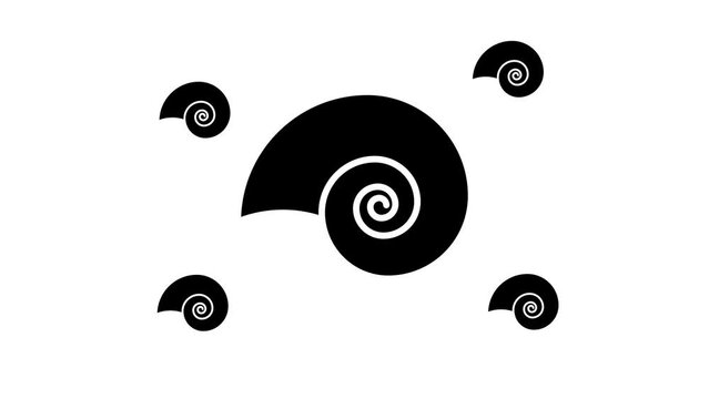 Zoom in and out animation the marine nautilus symbol. Large black symbol in the center and four small symbols around. Seamless looped 4k animation on white background