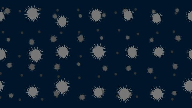 Sea urchin symbols float horizontally from left to right. Parallax fly effect. Floating symbols are located randomly. Seamless looped 4k animation on dark blue background
