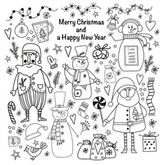 Christmas set. Design elements, children s. Cute cartoon style. New Year cards. Comfort, clothes, things, symbols, toys. Doodle style. coloring pages. Black outline isolated on white background