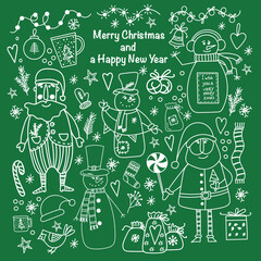 Christmas set. Design elements, children s. Cute cartoon style. New Year cards. Comfort, clothes, things, symbols, toys. Doodle style. coloring pages. white outline isolated on green background