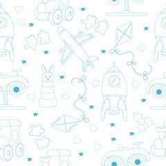 Pattern of children's toys in style outline blue color. Vector