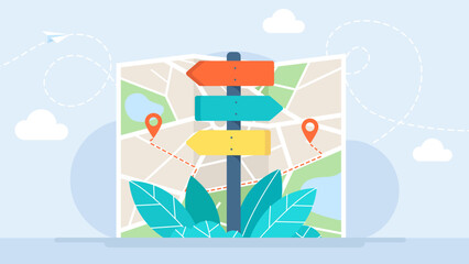 Direction sign post with arrow set on the background of the map. Choice signpost to choose road or street, blank signboard pointer with wooden pole template. Sign board. Flat vector illustration