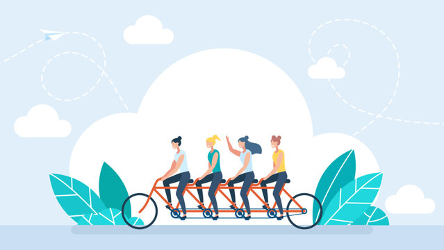 Business People Group Riding On Tandem Bicycle Pushing Pedals With Coordination. Only Women. Successful Businessmen Collective Teamwork And Cooperation Concept. Female Friendship. Vector Illustration