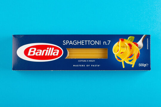 Barilla spaghetti packaging closeup on blue background