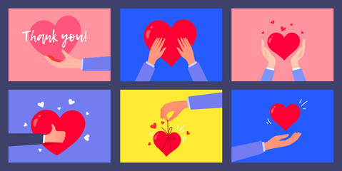 Vector set of kindness donation illustration with people hand and red shape heart on color background. Charity hand give heart. Flat style romantic design of sharing love