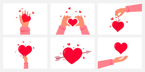 Charity hand give heart set. Vector set of kindness donation illustration with people hand and red shape heart on white color background. Flat style romantic design of sharing love