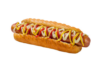 Hot dog garnished with sauces in a white bun - 539951249