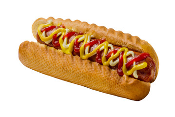 Hot dog garnished with sauces in a white bun