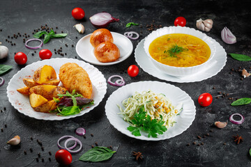 Traditional National Kazakh dishes Kazakh borscht, beet salad with walnuts. .Cooked from beef or lamb