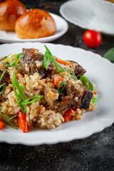 Traditional Kazakh dish Palau, Kazakh pilaf. .Cooked from beef or lamb