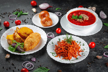 Traditional National Kazakh dishes Kazakh borscht, beet salad with walnuts. .Cooked from beef or lamb