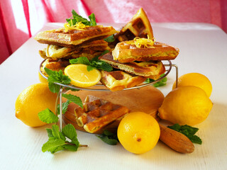 Waffle dessert with lemon and mint