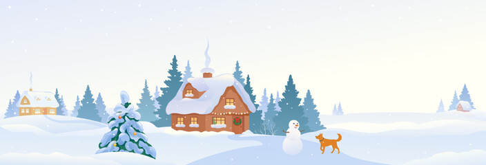 Vector drawing of a cute winter village, snowy scene with a snowman and a dog, snow covered panorama