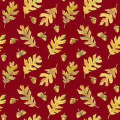 Obraz premium Seamless pattern with oak leaves and acorns. Hand-drawn watercolor illustration. Wild plants. Burgundy background.
