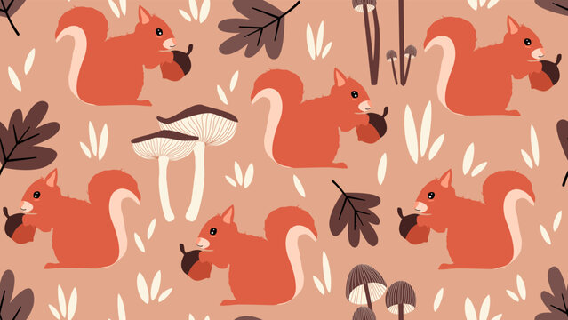 cute seamless pattern with squirrel, mushrooms and leaves