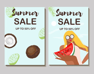 Colorful vector summer sale layout poster, banner, background, vacation mood, cards, invitation, summer vibes, tag, sale, girl eats a slice of watermelon, coconut.