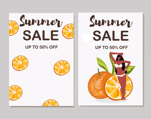 Colorful vector summer sale layout poster, banner, background, vacation mood, cards, invitation, summer vibes, tag, relaxation, vacation, flyer, sale, tangerine, orange, tanned girl.