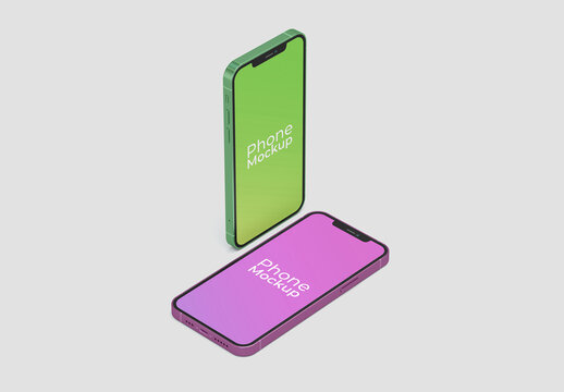 Stand and Lying Phones Mockup Isometric View