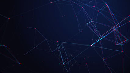 The concept of a network connection with a glitch effect. Technological blue background with lines and dots. Big data. 3d rendering