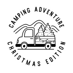 Mountain Camping christmas badge design with truck and crhtistmas trees in line art style and quote camping adventure. Travel logo graphics. Stock vector label