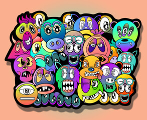 Cute monster group, cute cute monster group, alien or fantasy animal vector design