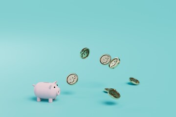 keeping money at home. piggy bank and dollar coins flying across the blue background. 3D render