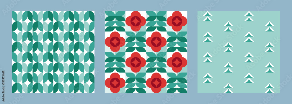Poster christmas holiday abstract seamless pattern set. vector illustration. collection of red and green ge