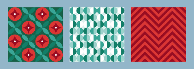 Christmas holiday abstract seamless pattern set. Vector illustration. Collection of red and green geometric ornament with toy ball background tile. Design for xmas and new year wrapping paper, fabric
