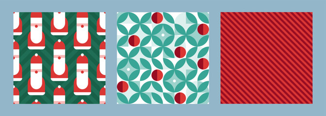 Christmas holiday abstract seamless pattern set. Vector illustration. Collection of red and green geometric ornament with santa claus background tile. Design for xmas wrapping paper, fabric
