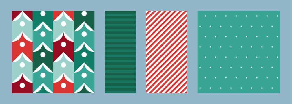 Christmas holiday abstract seamless pattern set. Vector illustration. Collection of red and green geometric decorative ornament background. Design for xmas and new year wrapping paper, fabric