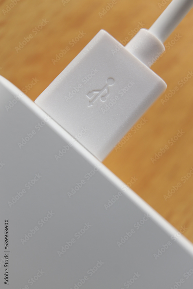 Poster usb plug in socket close up macro. vertical orientation