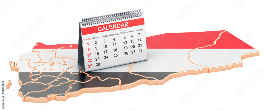 Poster desk calendar on the map of yemen. 3d rendering