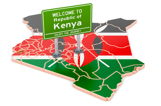 Billboard Welcome To Kenya On Kenyan Map, 3D Rendering