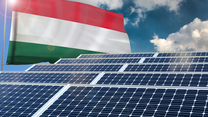 Solar panel, photovoltaic, alternative electricity source - concept of sustainable resources renewable energy Green energy sustainability power flag wave sunset